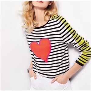 Lisa Tod Crewneck Sweater with Heart Motif - Black/White with Neon Yellow Sleeve
